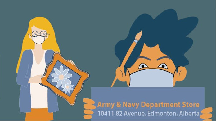 Two animated figures hold art canvases. One has the Army & Navy building address on it