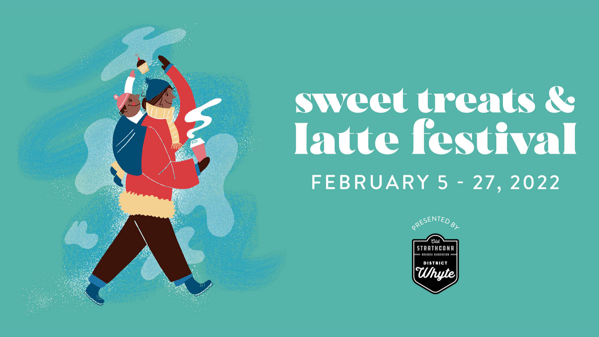 Sweet Treats and Latte Festival image, with an illustrated woman carrying a coffee tossing a cupcake up to a small child riding on her shoulders