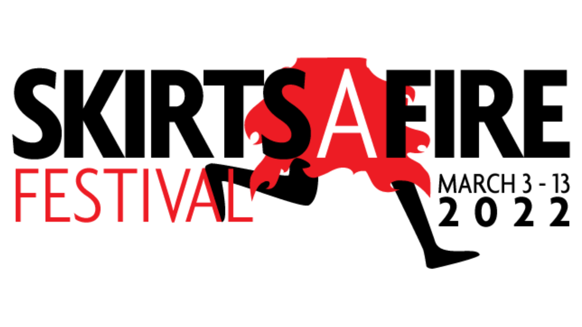 The SkirtsAfire festival logo, with a woman 's legs in a red skirt that looks like flames licking at the festival name