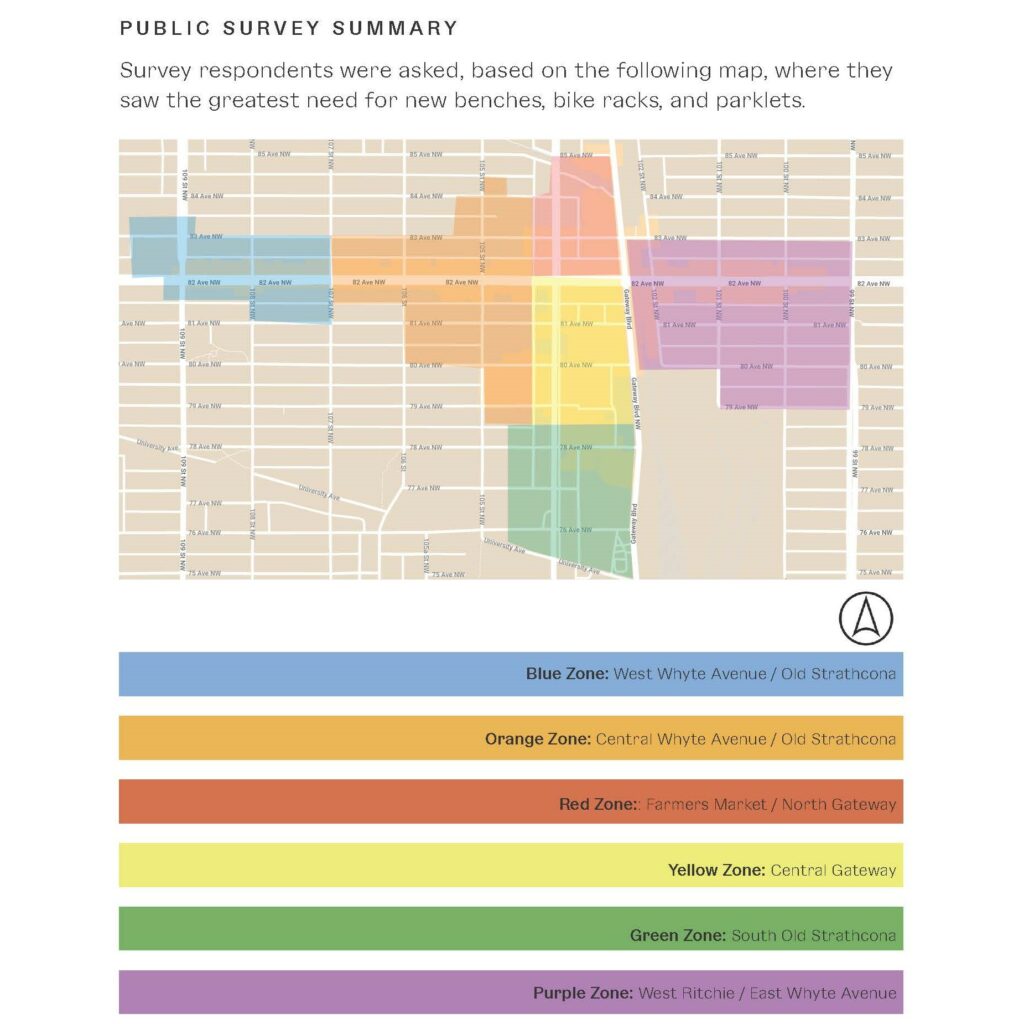 A map of the Old Strathcona business district with six colour-coded zones