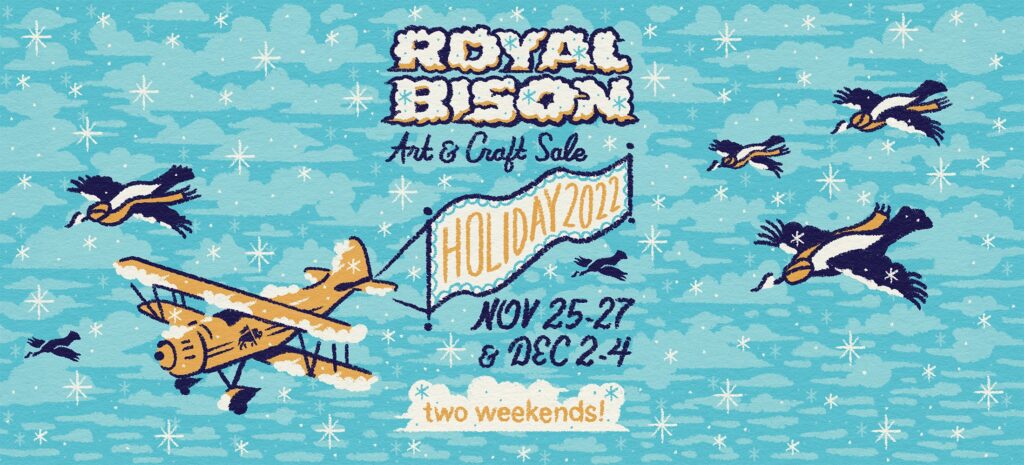 Royal Bison event details, carried in clouds by a bi-plane